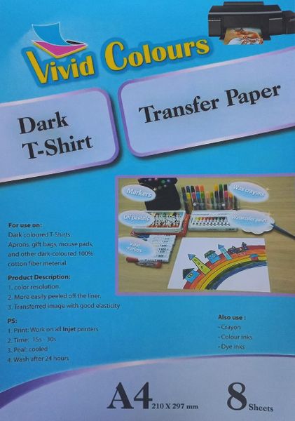 Vivid Colours A4 Dark T-Shirt Transfer Paper x8 Sheets 3 Pack