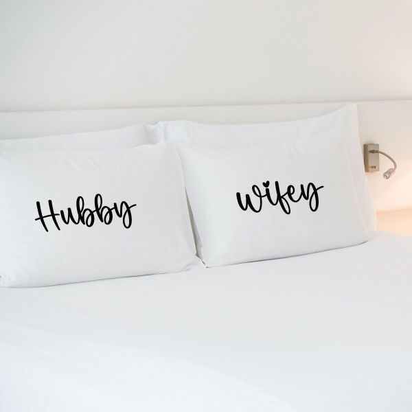 Hubby &amp; Wifey matching polycotton pillowcase set - standard size