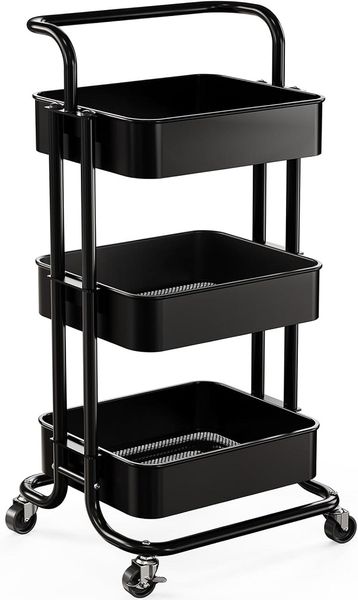 Black Saving Home 3-Tier Kitchen Storage Trolley Rack with Wheels