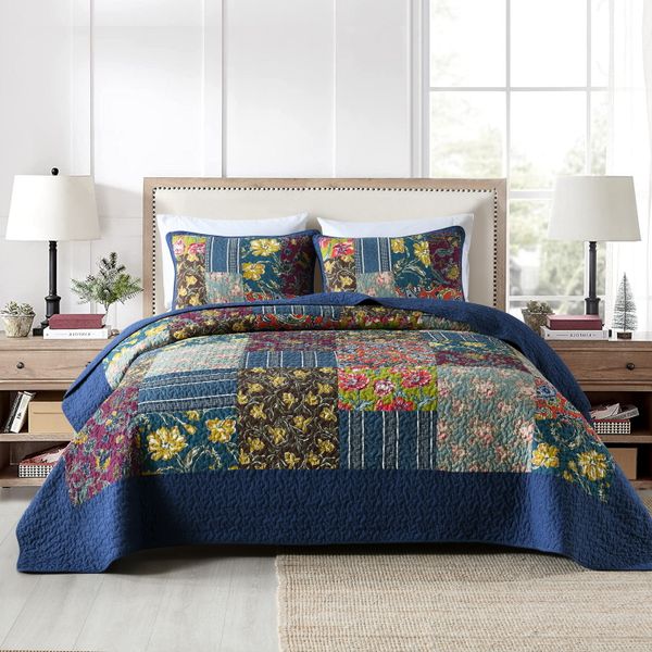 Luxurious Patchwork Bedspread 100% Cotton Quilted Embroidered-PatchedNavy