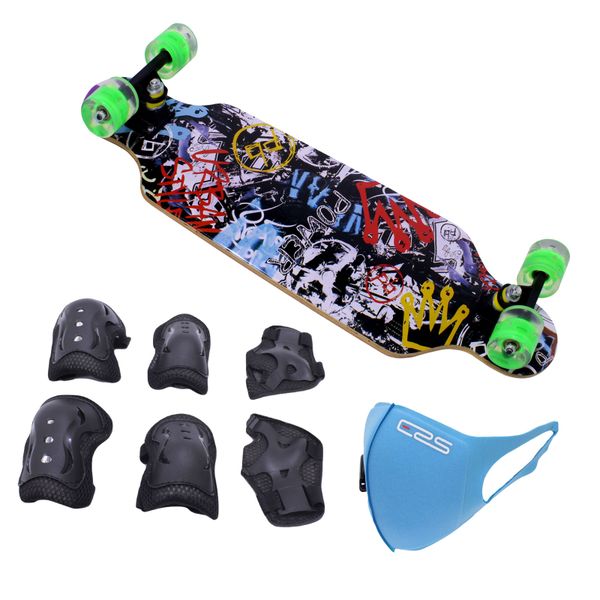 Skateboard 78x20cm Longboard - LED Wheels &amp; Protective Kit - Graffiti
