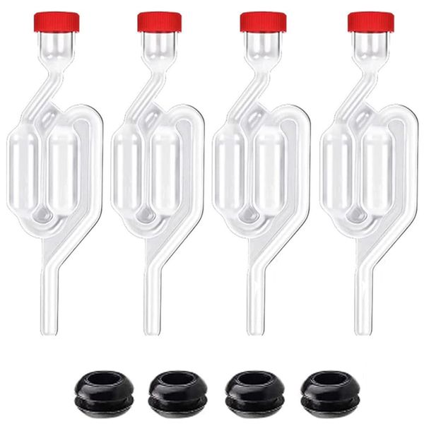 4 Pack Fermentation Airlocks Kit S-Type Twin Bubble Airlocks with Grommets