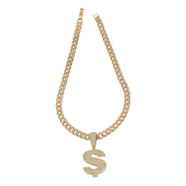Cuban Link Chain with Rhinestone Dollar Sign Pendant - silver