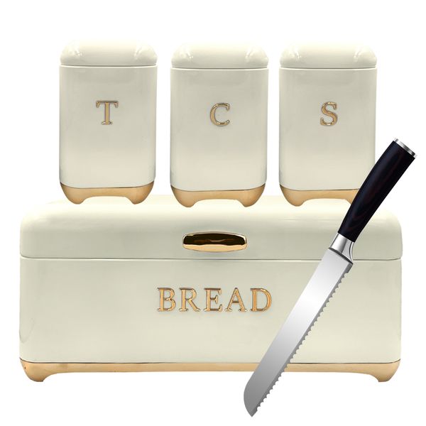Upgraded Retro Design Bread Bin and Canister Sets including Knife - 5 Piece