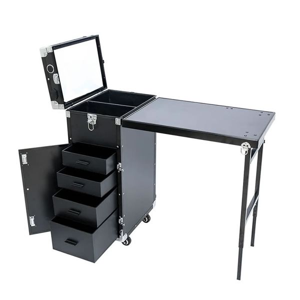 Rolling Manicure Foldable Table Workstation Desk With 4 Drawers And Mirror