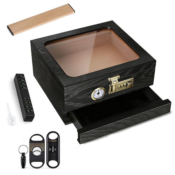 Cigar Humidor with Front Hygrometer, Humidifier, Divider,Accessories Drawer