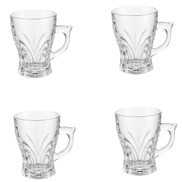 4 Pack - Embossed Glass Coffee Mug with Handle - Transparent