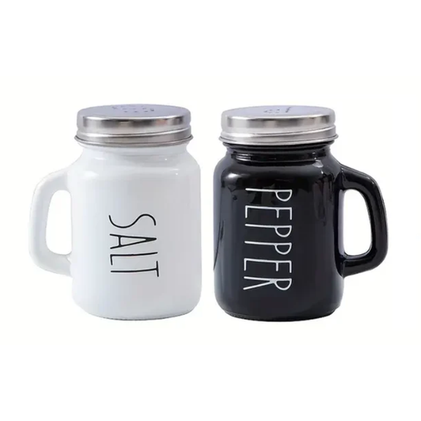 White Salt Black Pepper Shaker Set Ceramic Dispensers Stainless Steel Tops