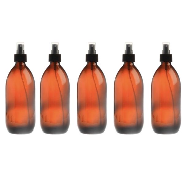 5 Pack 500ml Amber Spray Bottles with Black Mist Spray Nozzles
