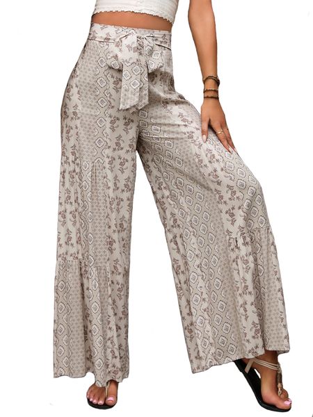 JUSIUU Women's Wide Leg Pants High Waist Palazzo Boho Flowy Dress Pants