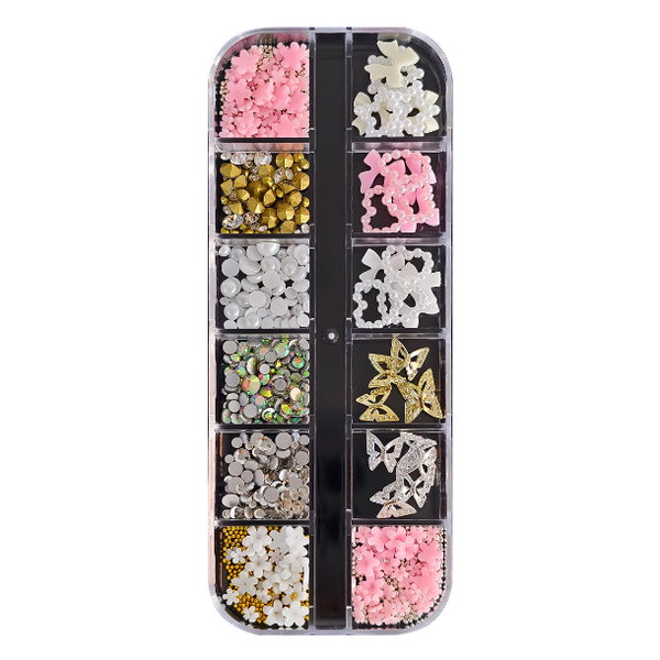 12Grids 3D Alloy Butterfly Nail Charms, Glitter Rhinestones Small Flower