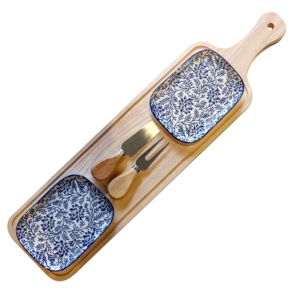 56cm Tapas Board with 2 Rectangular Ceramic Plates &amp; Cheese Knives