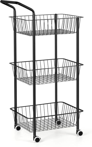3-Tier Metal Rolling Storage Cart -Shelving Trolley with Wheels for Kitchen