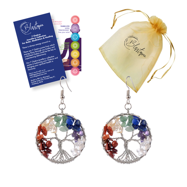 Blisstopia 7 Chakra Natural Crystal Tree of Life Earrings with Card &amp; Bag