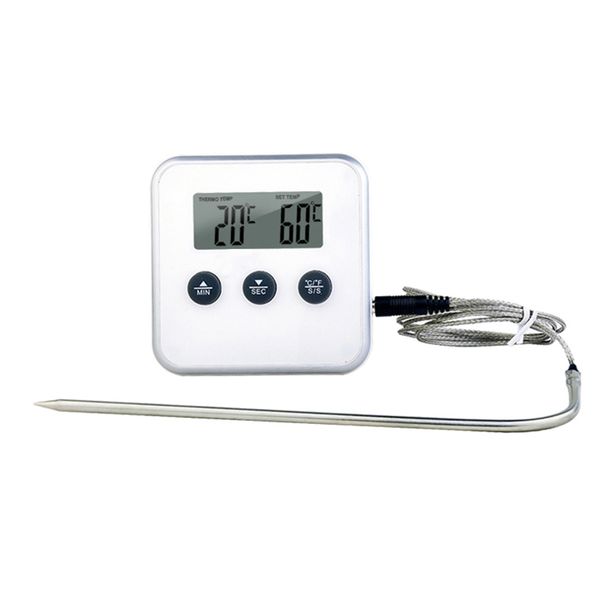 Electronic Digital LCD Food Thermometer with Timer for Oven BBQ - White