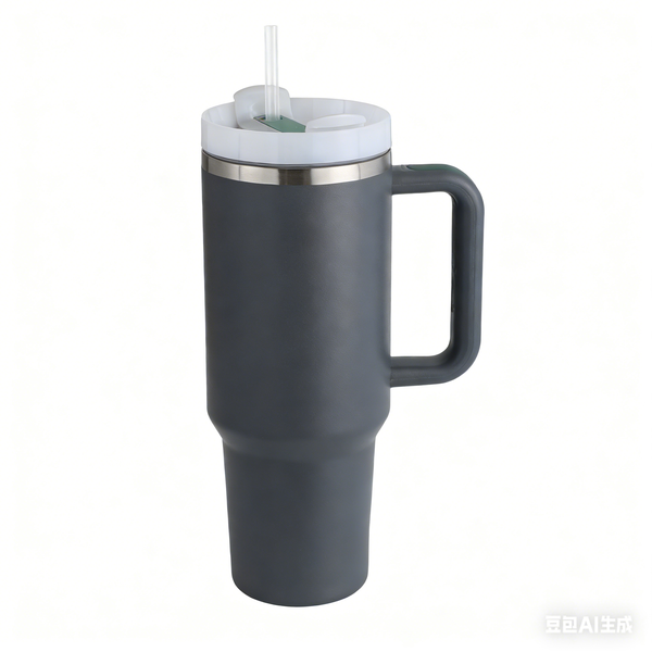 1-Liter Cup with Handle Straw Lid, Stainless Steel Travel Mug - Gray White