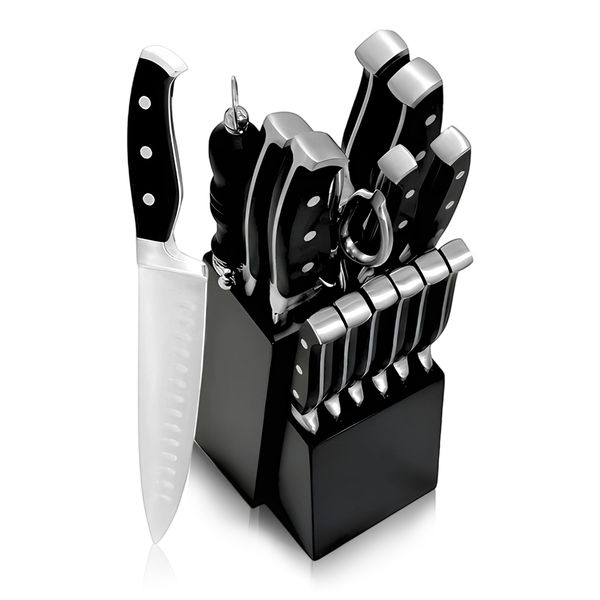 15 Piece Kitchen Knife Block Set with Wooden Knife Block and Knife Sharpener