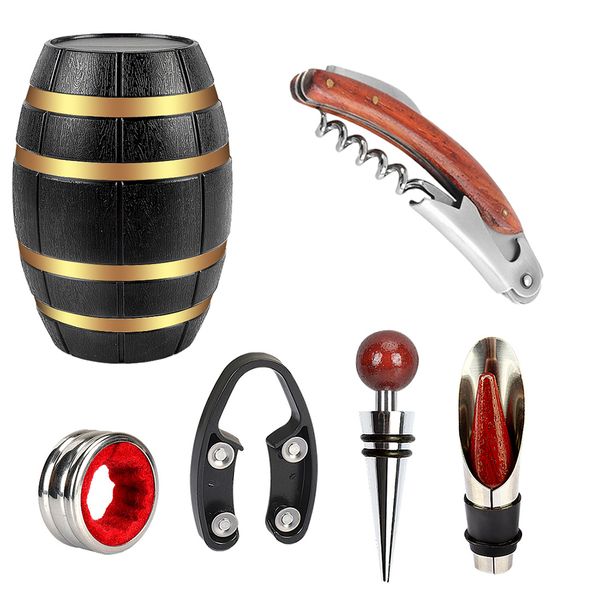 5-In-1 Wine Bottle Corkscrew &amp; Accessory Gift Set with Oak Barrel Shape Box