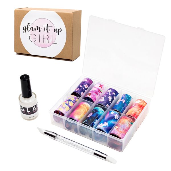 Nail Art Foil, Box of 10 Pieces, Nail Art Pen &amp; Glue (Floral)