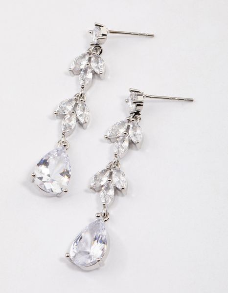 Rhodium Double Vine Teardrop Earrings