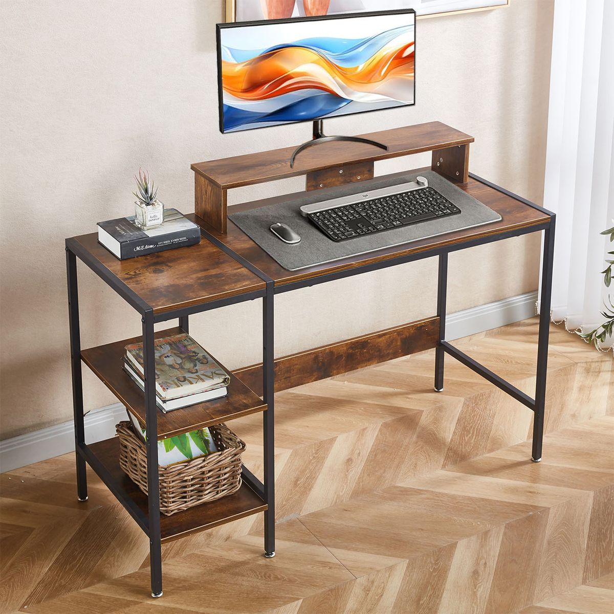 Computer Desk with Monitor Stand Gaming Study Workstation with 2 Shelves