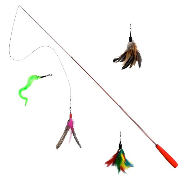 zaBird-Interactive Cat Toy Rod Bundle-Rod, Flying Fox, Green Worm &amp; Rainbow