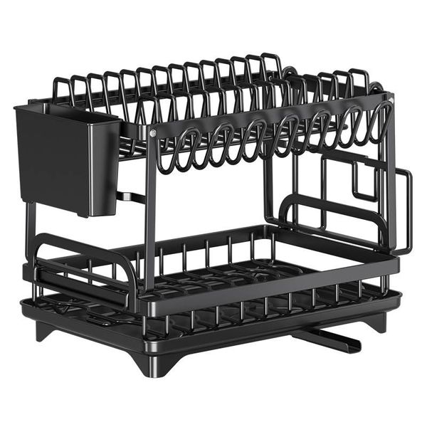 2 Tier Dish Drying Rack for Kitchen Counter with Drain Black
