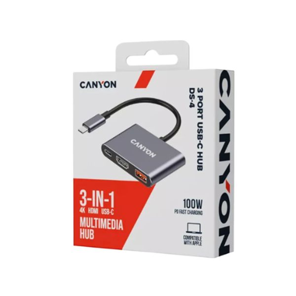 Canyon DS-4 3-Port USB-C Hub with 4K HDMI, USB 3.2 &amp; 100W PD