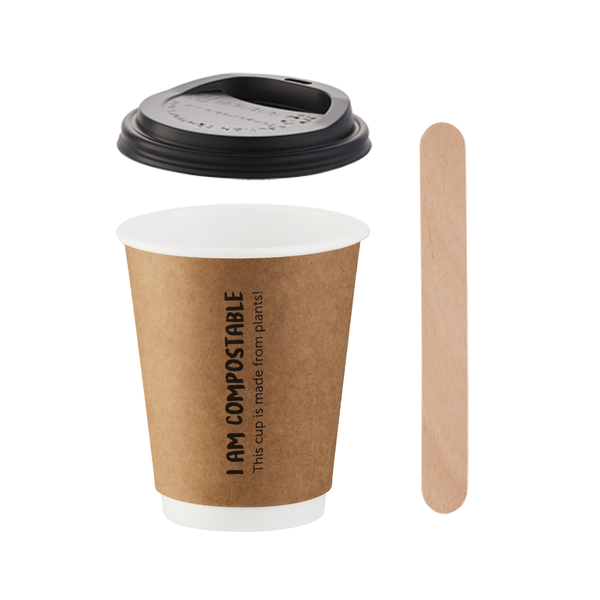 Compostable 350ml DW Kraft Hot Cups, Black Lids &amp; Wide Stirrers (100 Units)