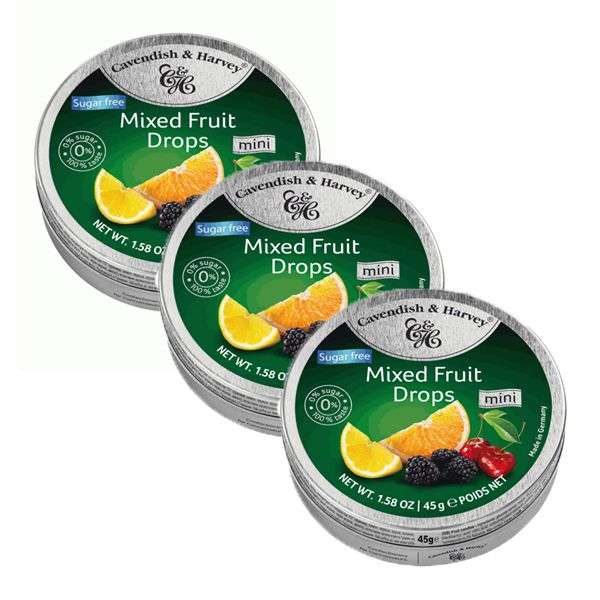 Cavendish &amp; Harvey Mini Sugar Free Mixed Fruit Drops - 3 x 45g