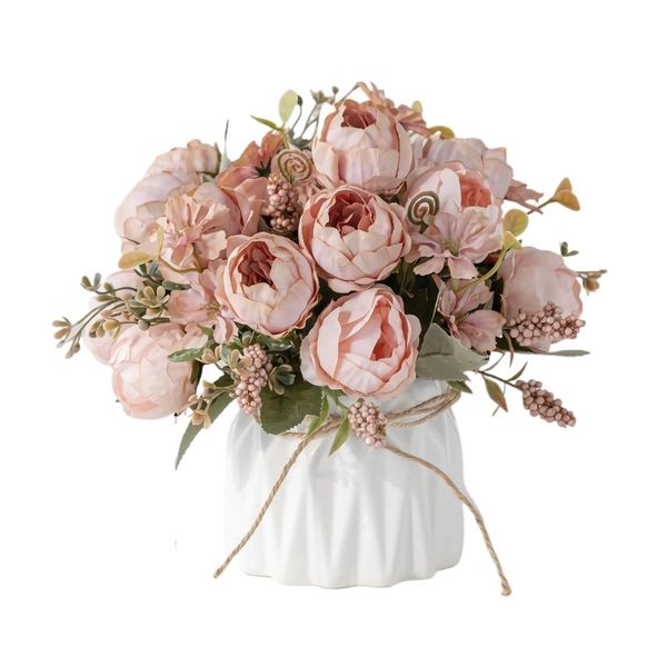 Artificial flowers with ceramic vase, simulated pink rose pots/home decor