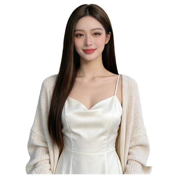 Women's Long Wig with Middle Part Bangs, Brown Straight Hair