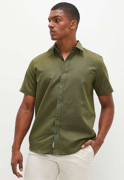 Collared Short Sleeve Linen Blend Shirt - Khaki