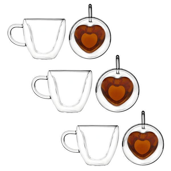 6 Piece 240 ML Heart Shaped Cup Double Walled Insulated Glass Coffee Tea Mug