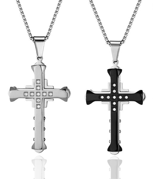 Stainless Steel Cubic Zirconia Cross Necklace Pendant for Men