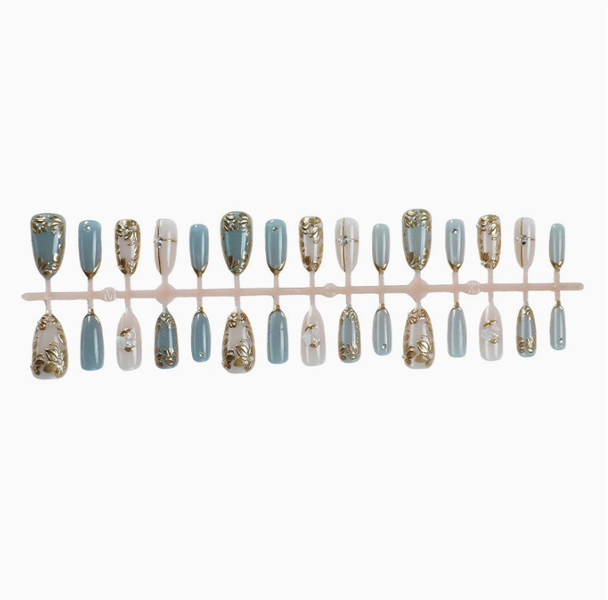 Salon Quality Reusable Press-On Nails Almond Multi-Size - Dusty Blue&amp;Gold