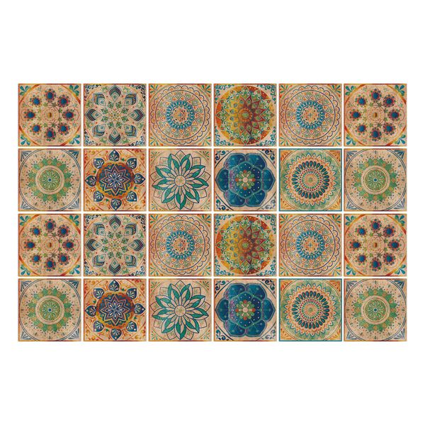 24Pieces Mandala Tile Stickers - Self-Adhesive Peel Stick for Kitchen &amp; Bathroom