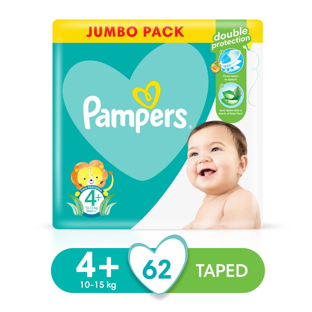 Pampers Baby Dry Size 4+, Jumbo Pack62 Nappies, Lotion with Aloe