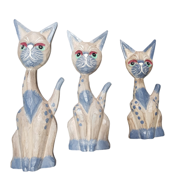 Handcraft Wooden Cat Set of 3 Light Blue Washed