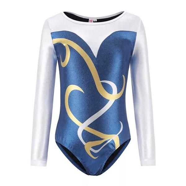 Blue Long Sleeve Leotard with Gold Detail