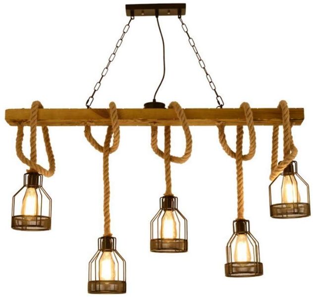 JNC-Retro Hemp Rope Wood Style Pendant Lamp 5 Lights