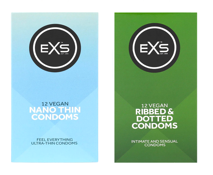 EXS Dual Passion Pack: Nano Thin, Ribbed &amp; Dotted Condoms - 2 x 12 Pack