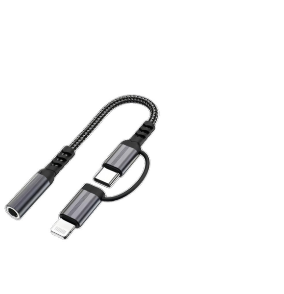 2-in-1 Lightning + Type-C to 3.5mm Audio Adapter, Nylon Braided, with Mic &amp;