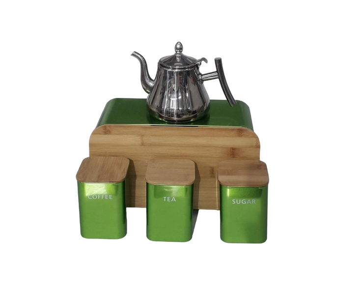 Green Bread Box and Cannister Set &amp; Classy Silver Teapot
