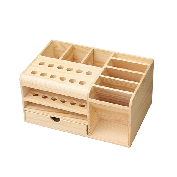 Multi-Compartment Storage Wooden Box For Mobile Phone And Desktop