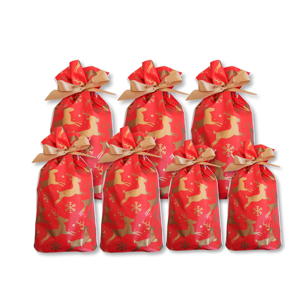 7pcs Assorted Sizes Christmas Gift Bags with Drawstring Red with White Bows