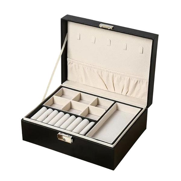 Portable PU Leather Double-Layer Velvet Jewelry Storage Box