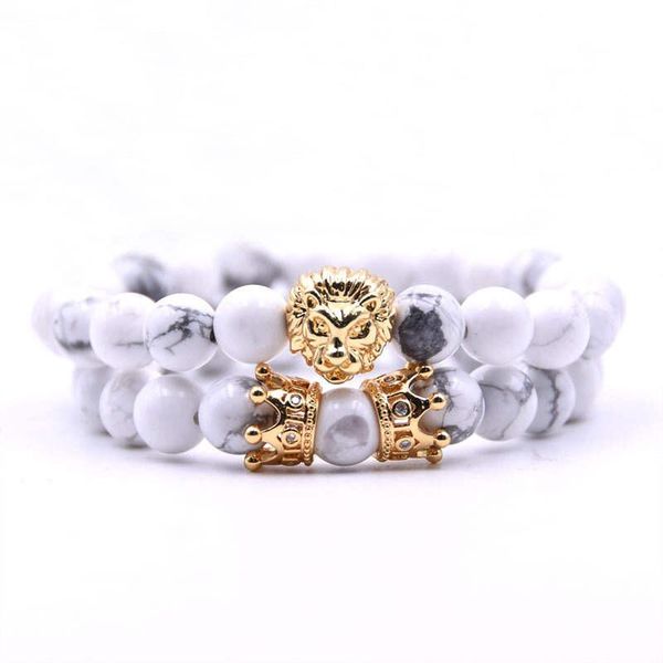 Argent Craft Natural White Howlite Bracelets with Crowns &amp; Lion Head - Gold