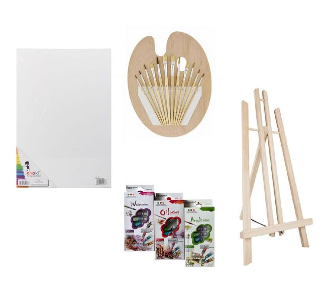 Paint Brushes &amp; Palette, A3 Canvas, Desk Easel &amp; 3 Pack Assorted Paint Set