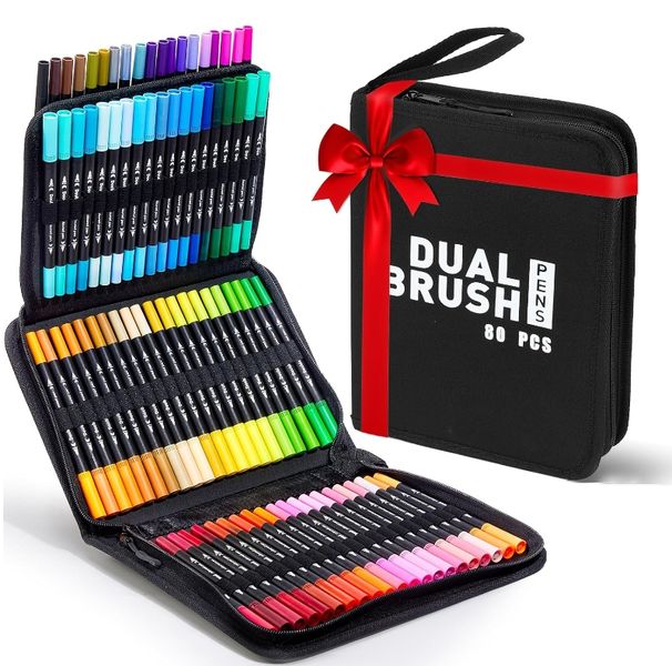 80 Coloring Markers for Adults No Bleeding, Dual Tip Fine &amp; Brush Marker